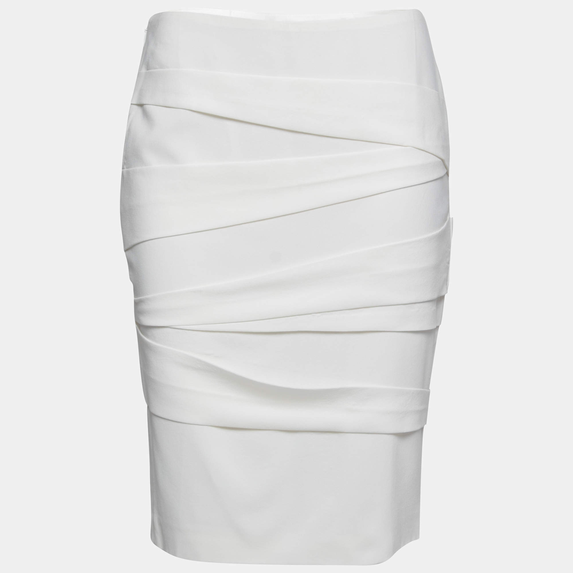 Pre Owned Versace Off White Crepe Stretch Asymmetric Panel Tiered Pencil Skirt M