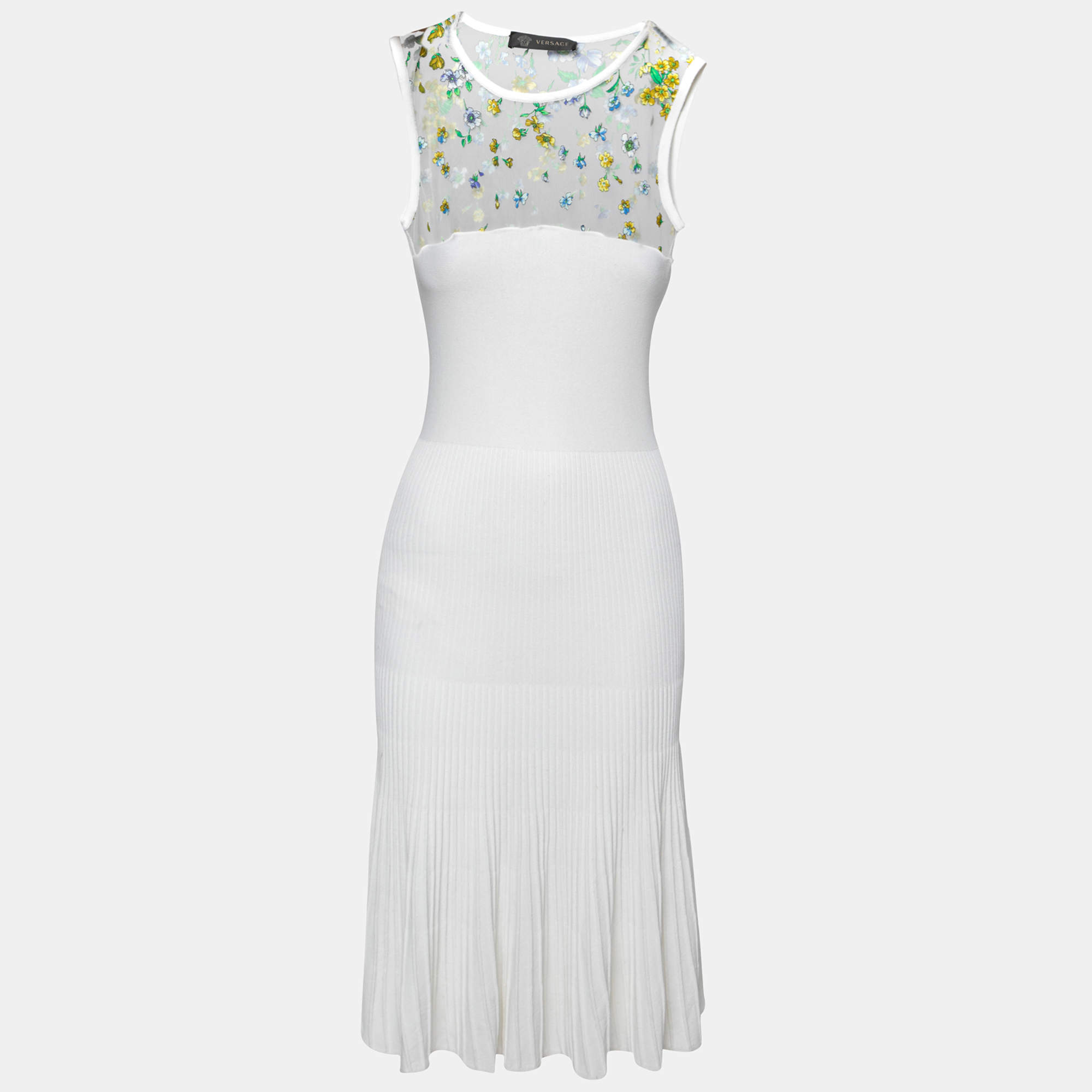 مملوكة مسبقًا Versace White Stretch Crepe Floral Printed Sheer Yoke Sleeveless Dress S