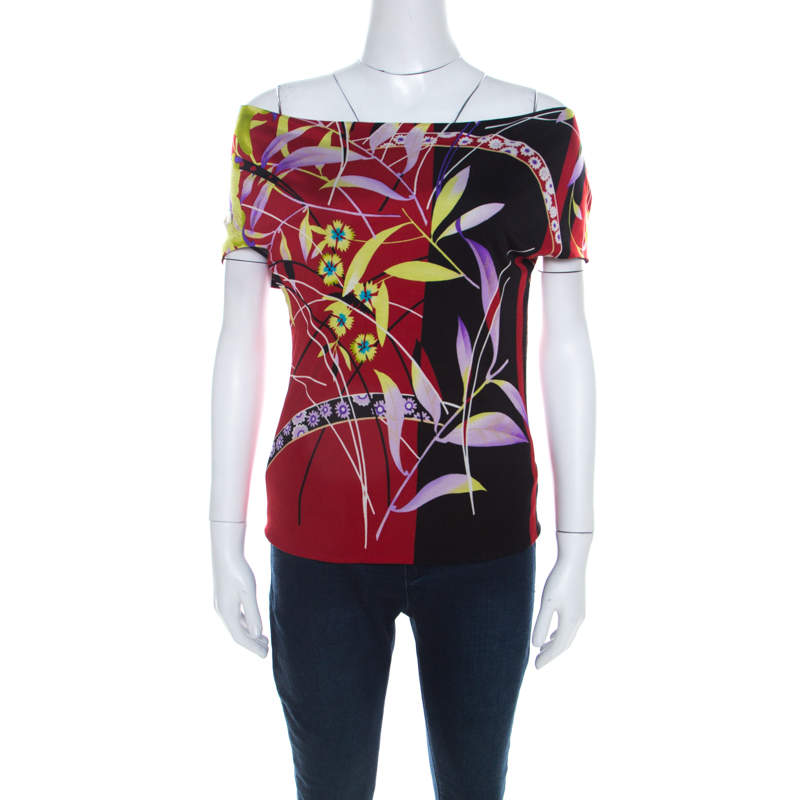 Pre Owned Versace Multicolor Floral Print Stretch Knit Off Shoulder Top M