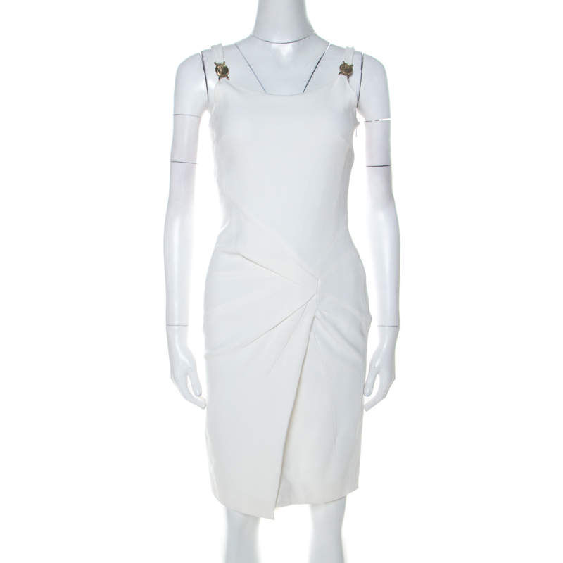 فستان فرساتشي كولكشن بلا أكمام تفاصيل طية أمامية كريب ستريتش أبيض S