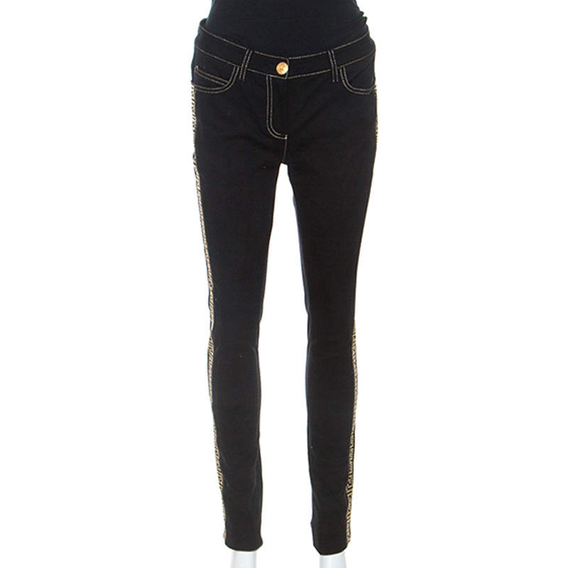 Versace Black Denim Greek Key Eyelet Trim Slim Fit Jeans S