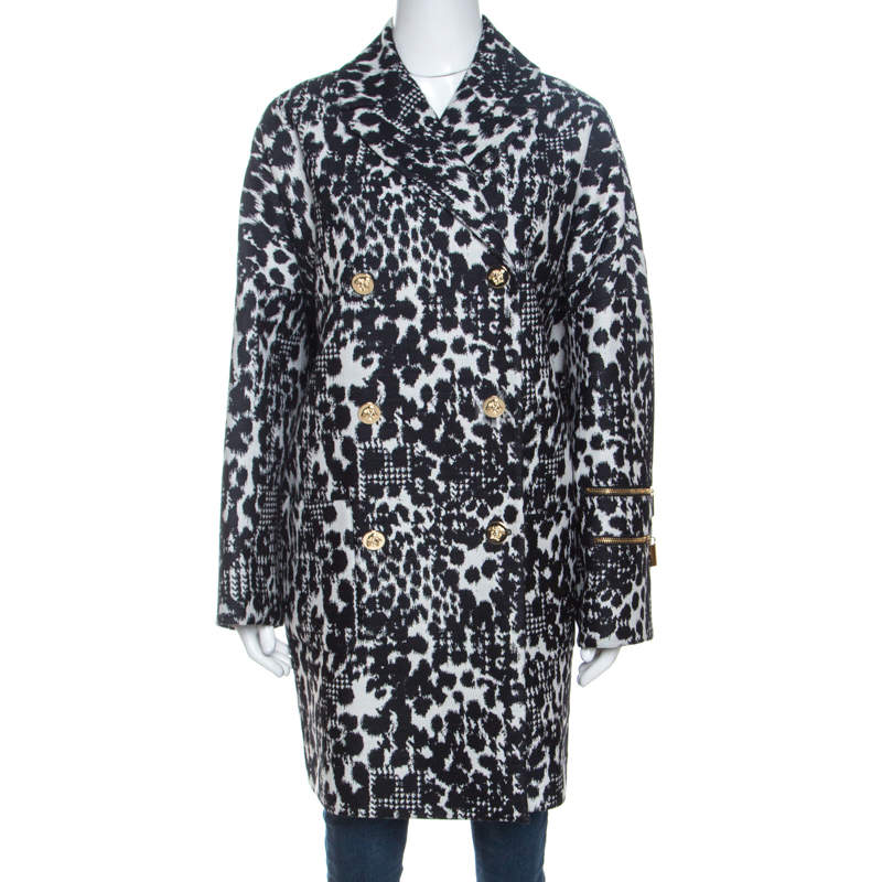 Pre Owned Versace Monochrome Jacquard Wool Double Breasted Coat M