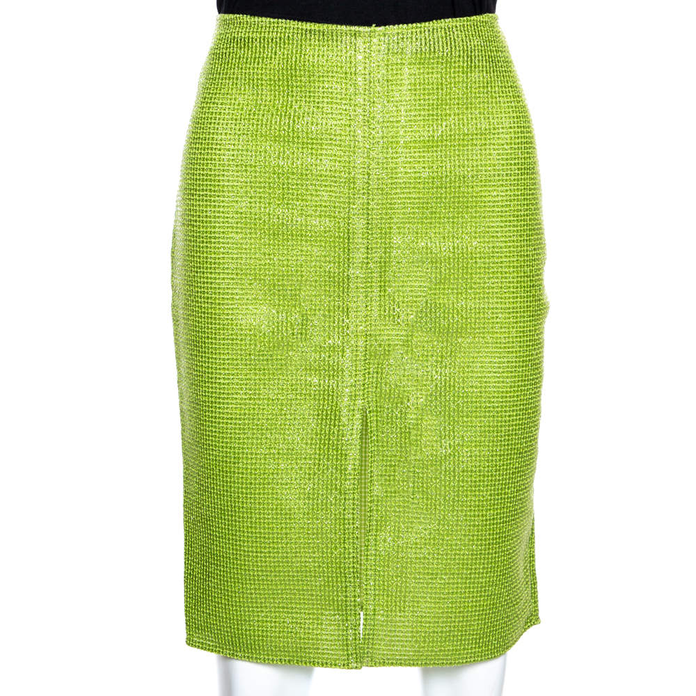 Versace Metallic Green Interwoven Cotton Blend Pencil Skirt M