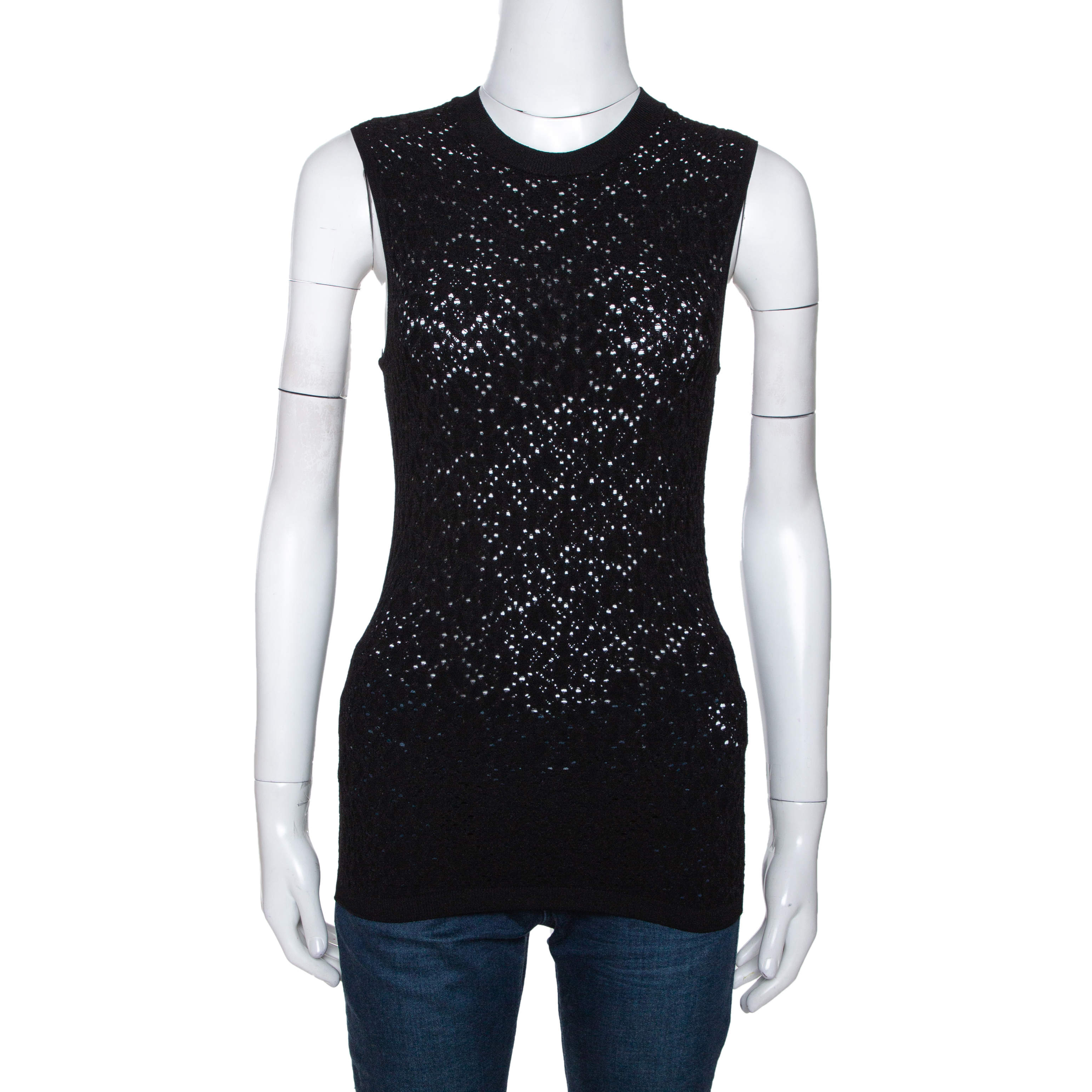 مملوكة مسبقًا Versace Black Perforated Knit Sleeveless Crew Neck Top M