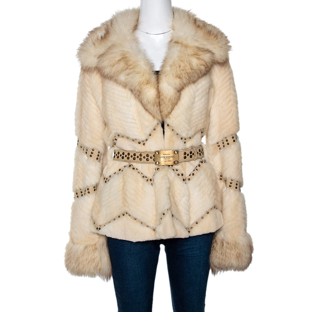 Versace Cream Mink Fur Stud Embellished Belted Coat S