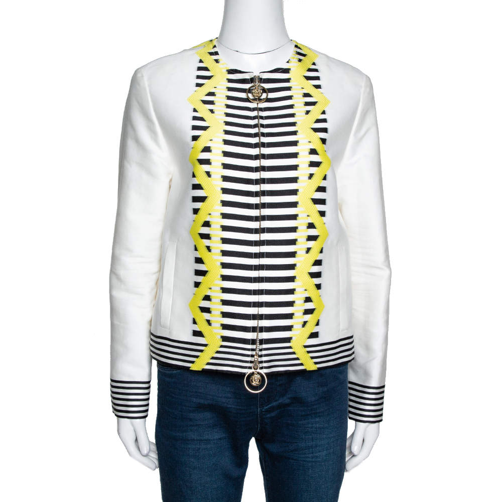 Pre Owned Versace White Striped Jacquard Cotton Zip Front Jacket S
