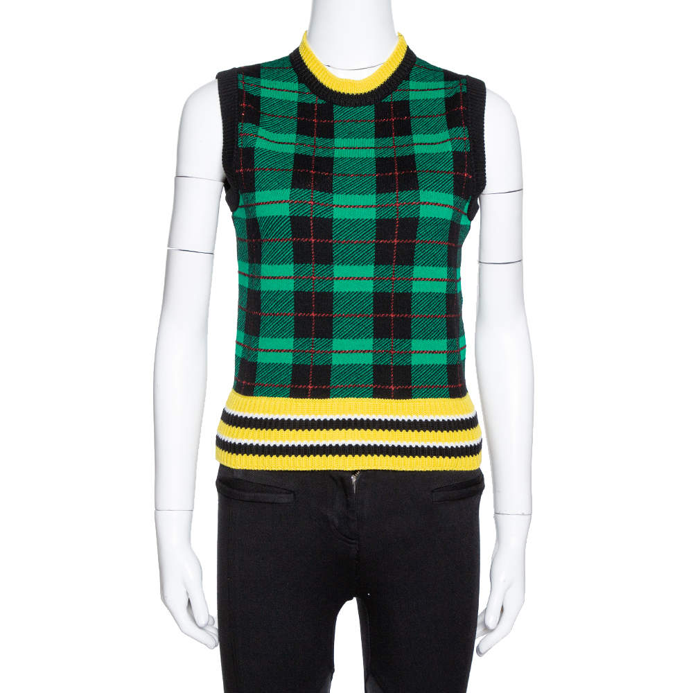 Pre Owned Versace Green Wool Tartan Pattern Sleeveless Sweater Vest S