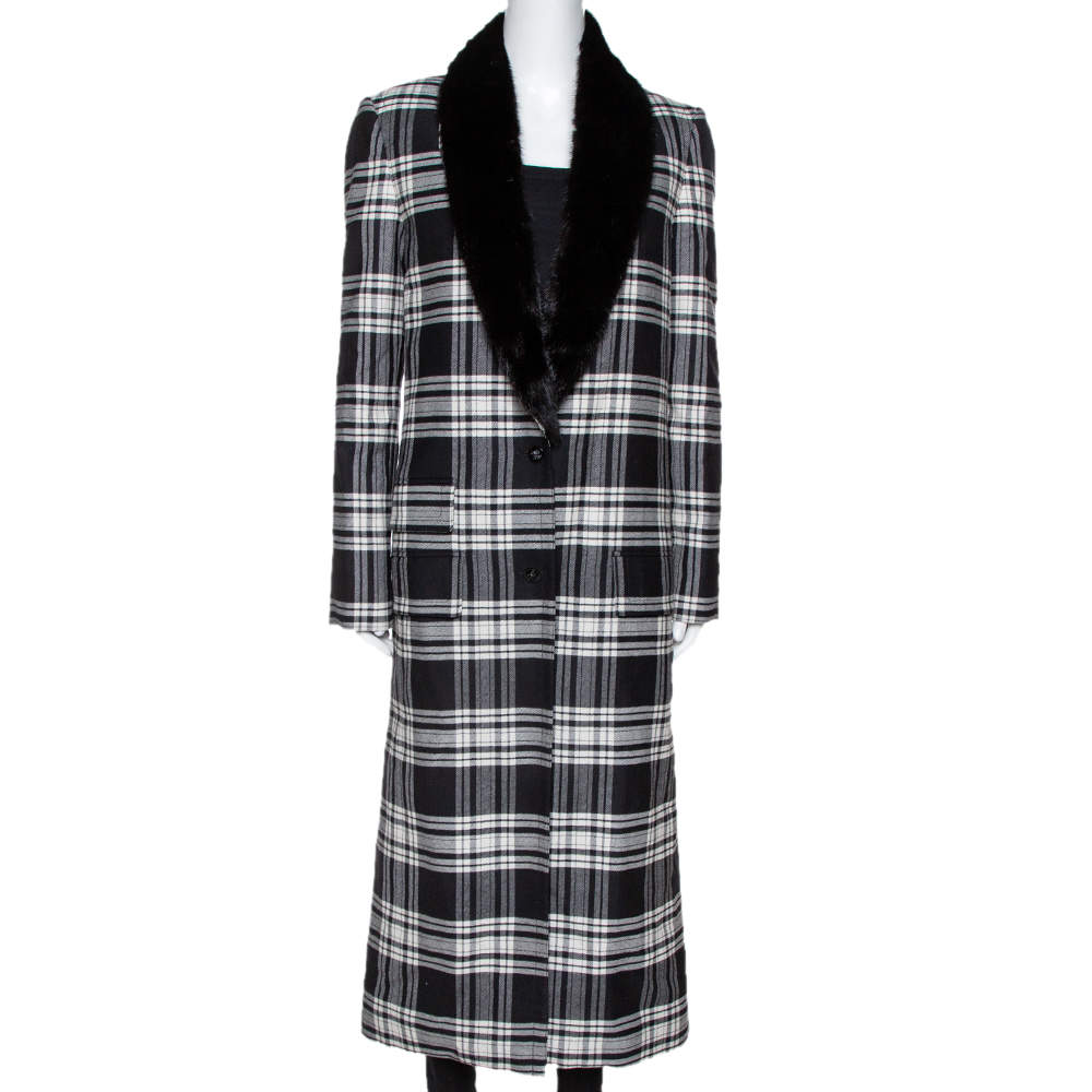 Versace Black Plaid Wool & Silk Mink Fur Trim Long Coat S Versace | TLC