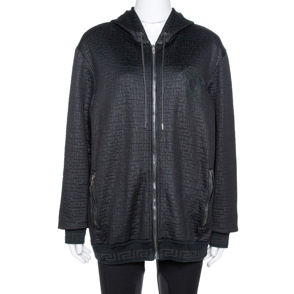 Pre Owned Versace Black Knit Medusa Detail Zip Up Hooded Jacket XL