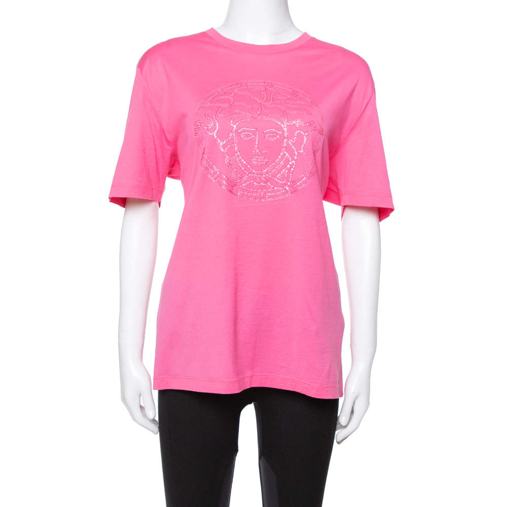 Pre Owned Versace Pink Cotton Medusa Appliqued Crew Neck T-Shirt L