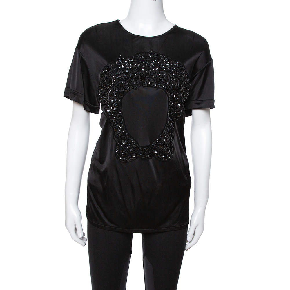 Pre Owned Versace Black Jersey Medusa Embellished Crew Neck T-Shirt L