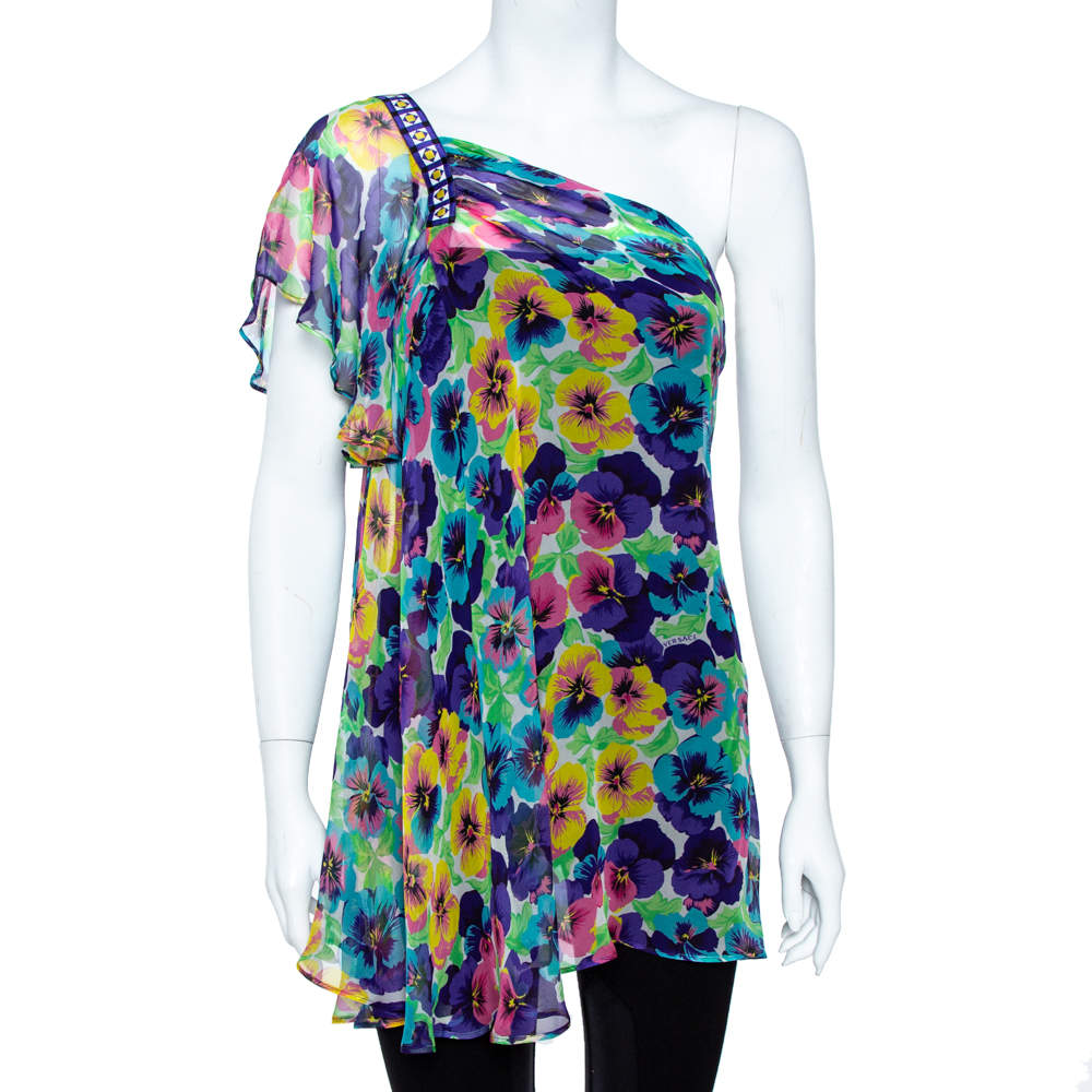 Versace Multicolor Floral Print Silk Asymmetric Sleeve Blouse M