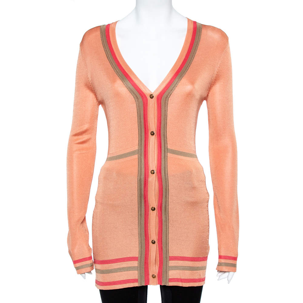 مملوكة مسبقًا Versace Peach Knit Striped Button Front Cardigan M