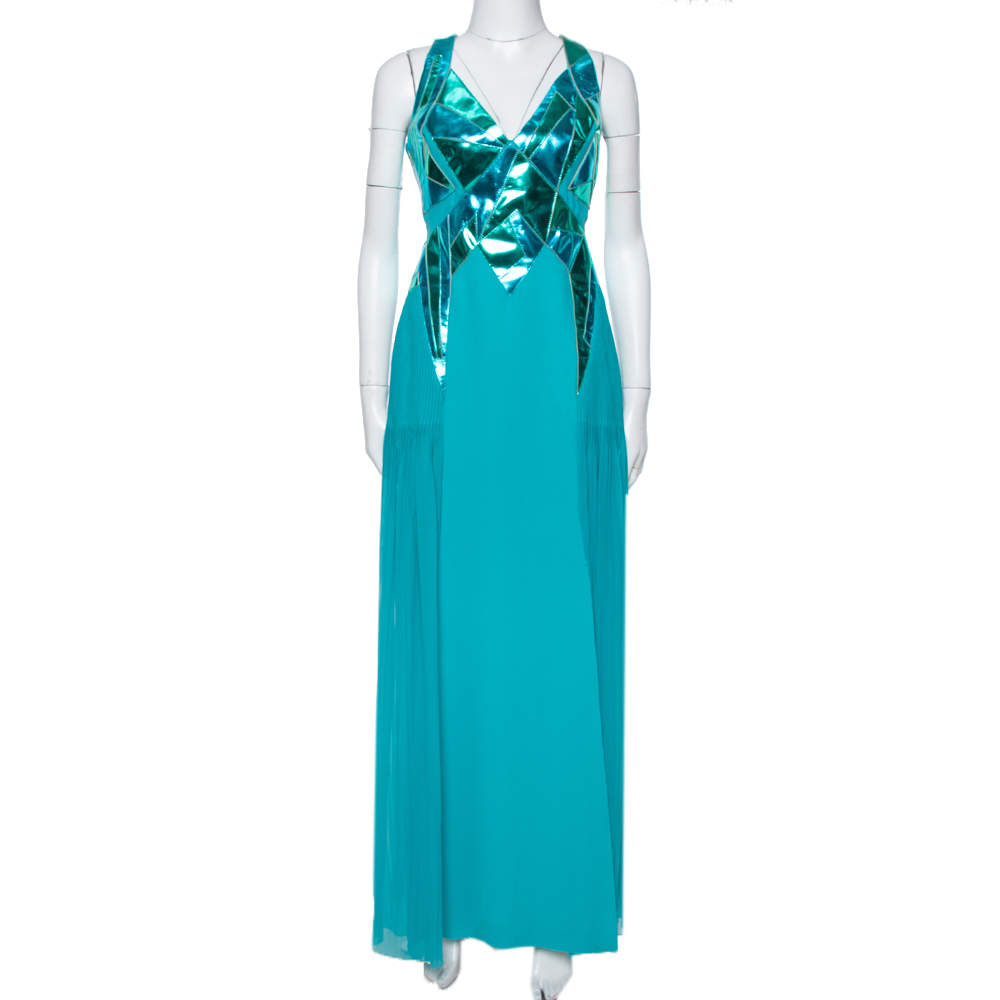 Versace Blue Leather Embellished & Silk Front Slit Detail Dress M