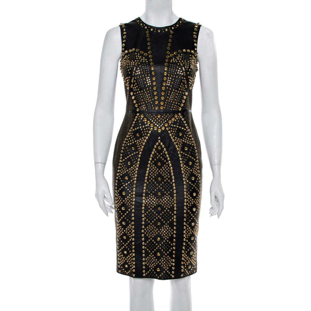 Pre Owned Versace Black Leather Metal Embellished Sheath Dress S