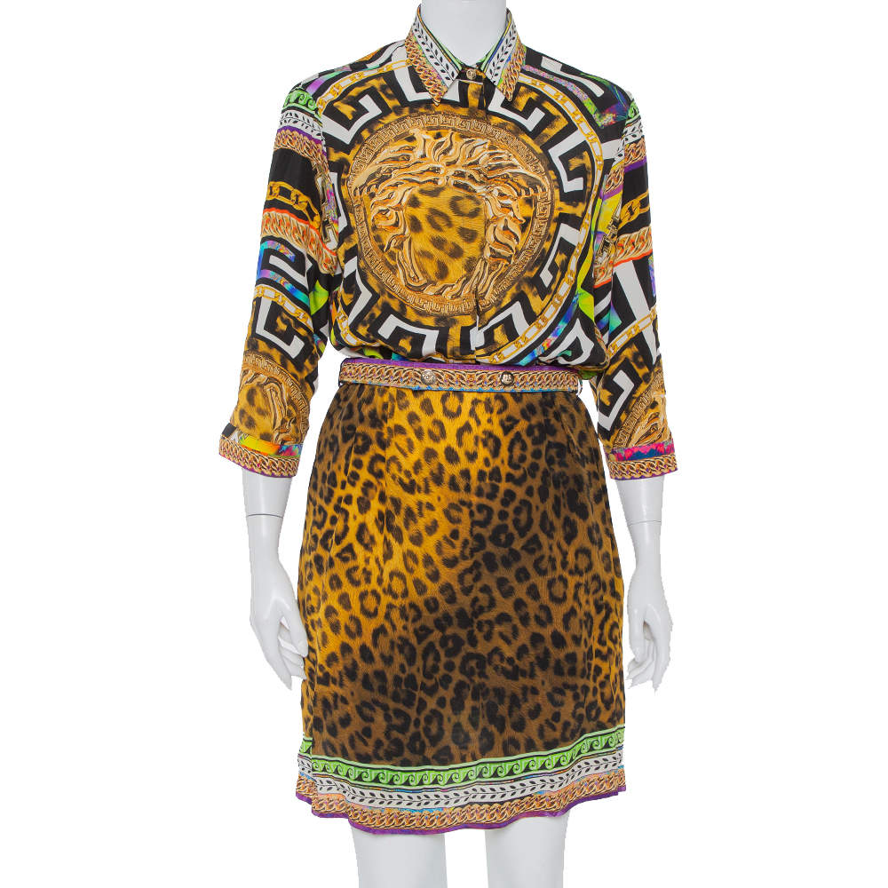 Versace Multicolor Multiprinted Silk Belted Button Front Mini Dress M