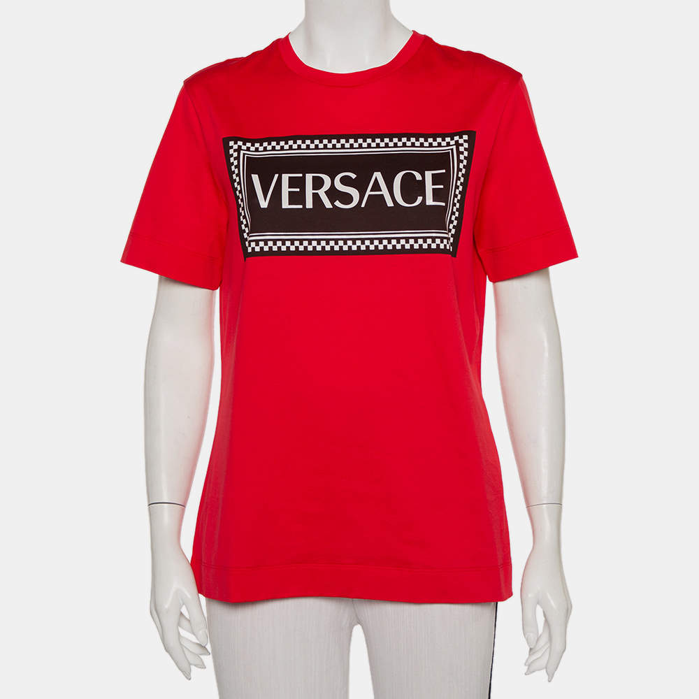 مملوكة مسبقًا Versace Red Cotton Logo Printed Crewneck T-Shirt M
