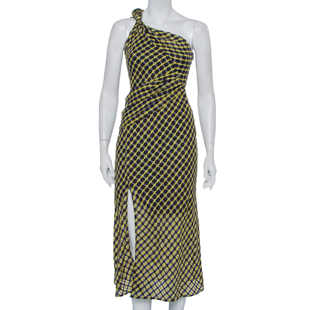 Versace Black & Yellow Wool Open Weave One Shoulder Midi Dress S