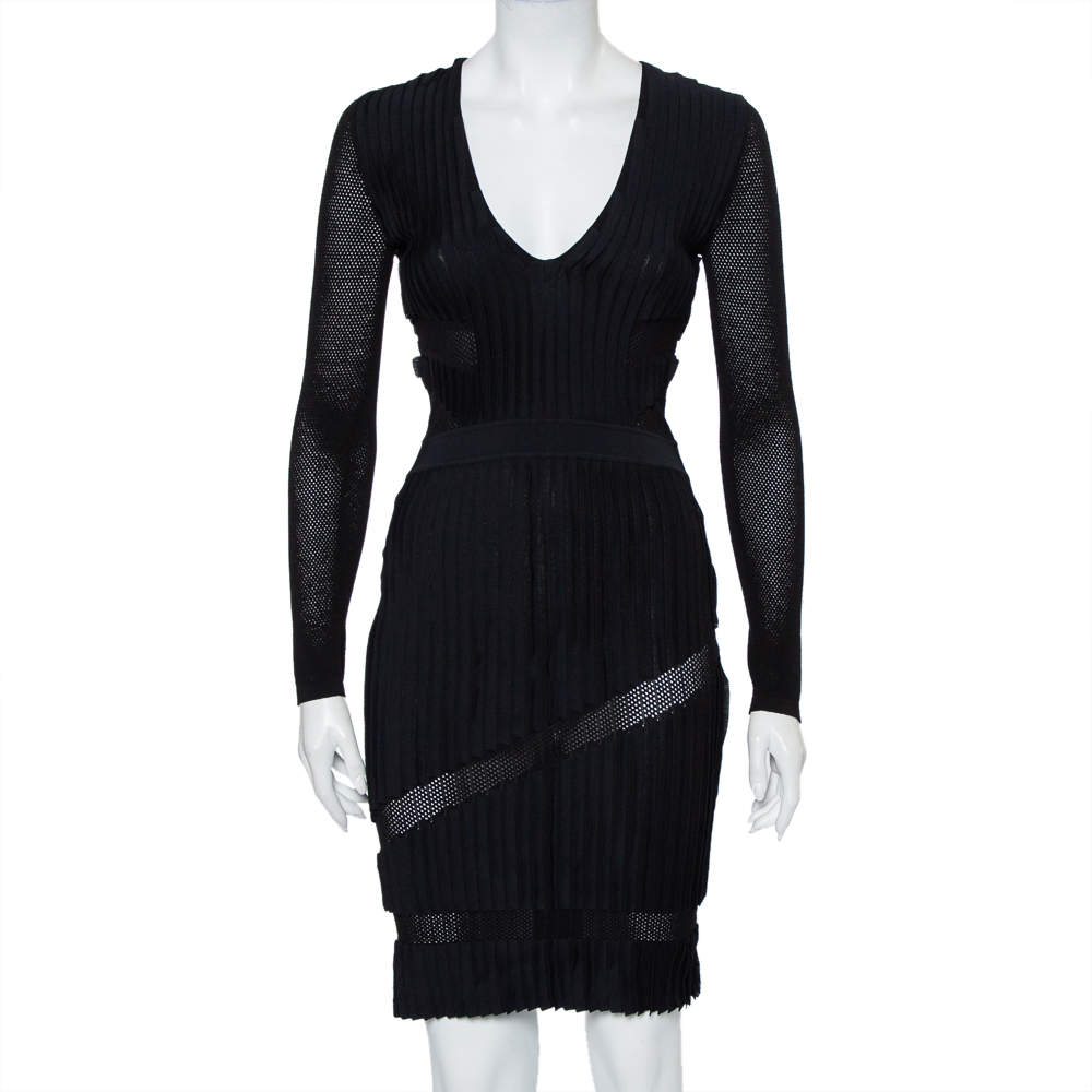 Pre Owned Versace Black Perforated Knit Plunge Neck Sheath Dress S