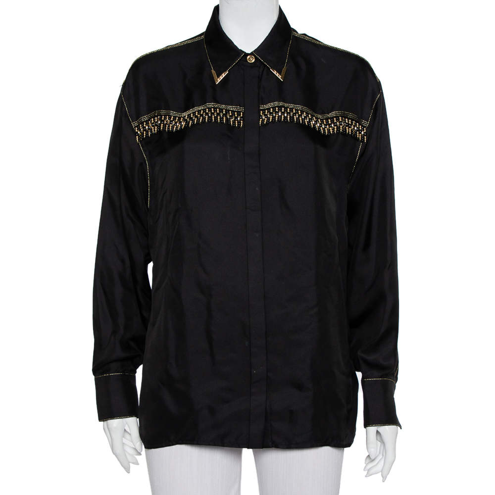 Pre Owned Versace Tribute Black & Gold Embellished Silk Button Front Shirt M