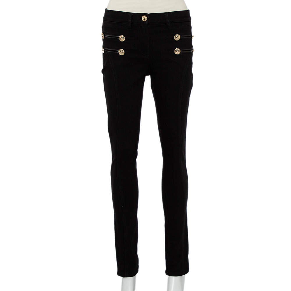 Versace Black Denim Button Embellished Paneled Jeans M