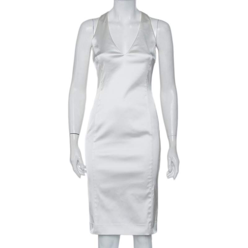 فستان فيرساتشي ساتان أبيض رقبة واسعة مقاس صغير (سمول)