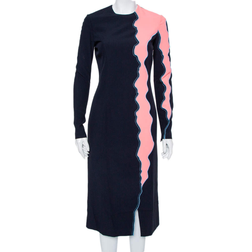 Pre Owned Versace Navy Blue & Pink Panelled Sheath Dress S