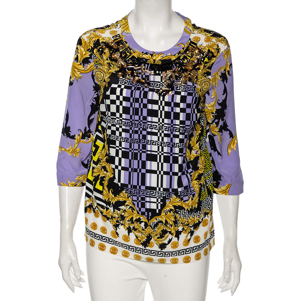 Versace Multicolored Baroque Print Silk Embellished Blouse M
