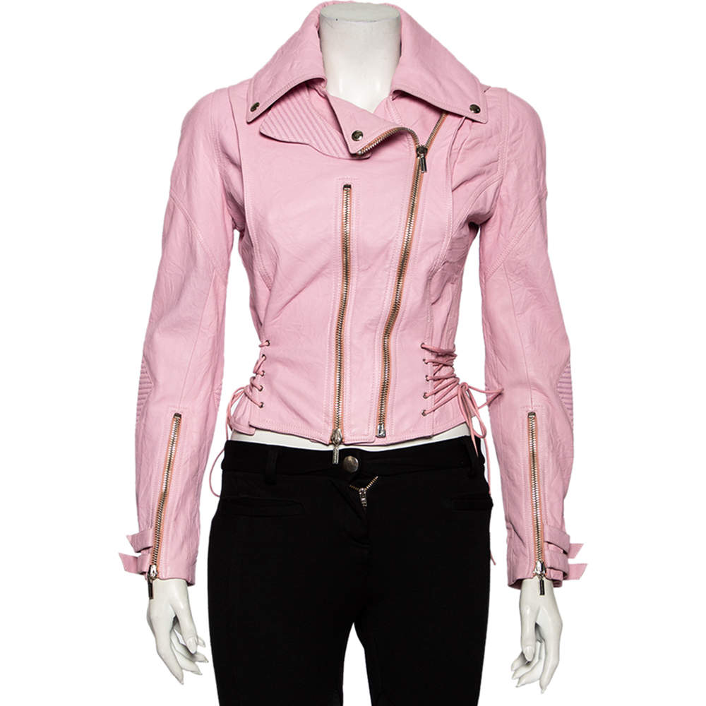 Versace Pink Leather Cross Tie Detailed Biker Jacket S