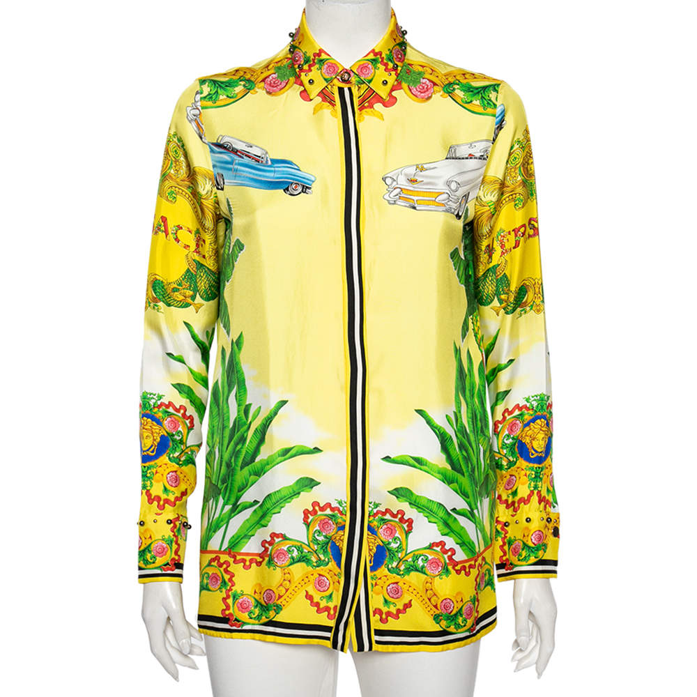 Pre Owned Versace Yellow Palm Tree Baroque Logo Printed Silk Shirt S