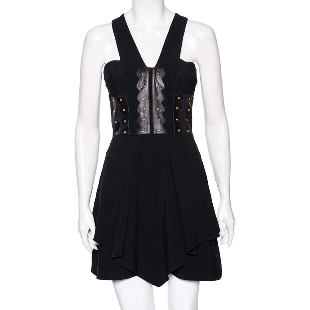 Pre Owned Versace Black Crepe Eyelet Leather Trim Detailed Sleeveless Short Dress S