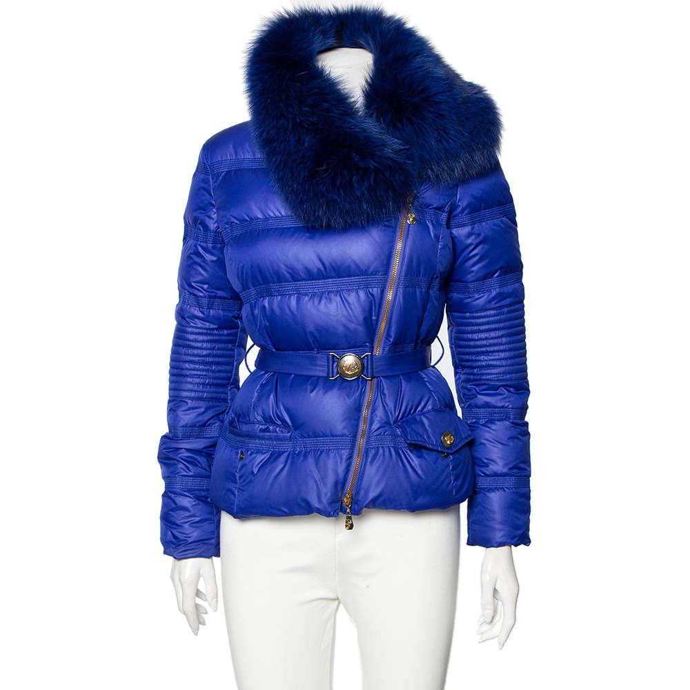 Versace Collection Blue Down Quilted & Fur Trimmed Belted Jacket M