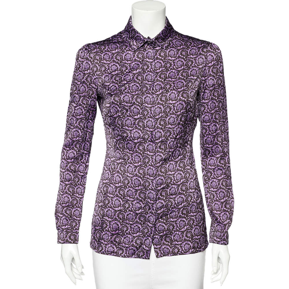 Pre Owned Versace Purple Printed Silk Button Front Shirt S