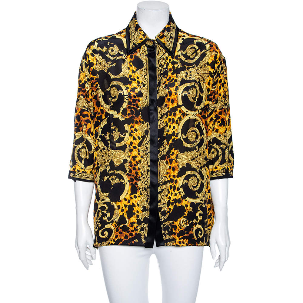 مملوكة مسبقًا Versace Multicolored Printed Silk Cut Out Sleeve Detail Blouse L