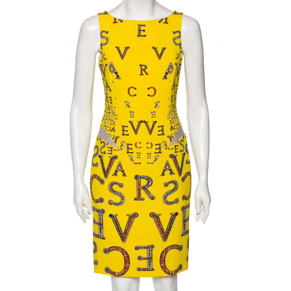 مملوكة مسبقًا Versace Yellow Printed Silk Leather Trim Detailed Bodycon Dress S