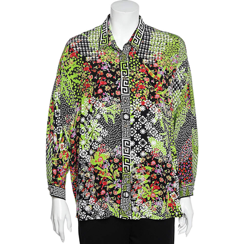 Pre Owned Versace Multicolored Printed Button Front Oversized Blouse L