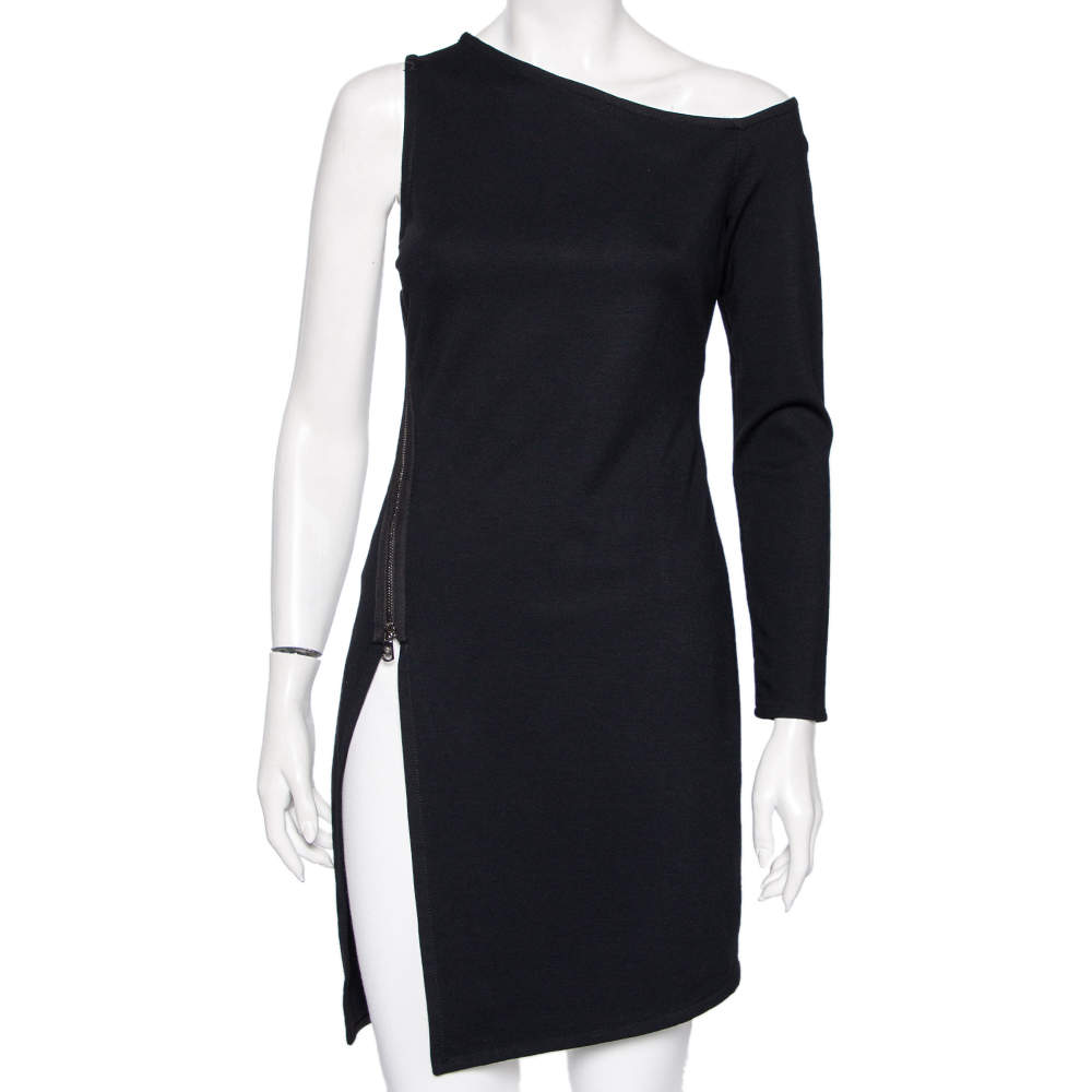 Pre Owned فستان فيرساتشي كم واحد غير متماثل تفاصيل فتحة تريكو سترتش أسود مقاس متوسط