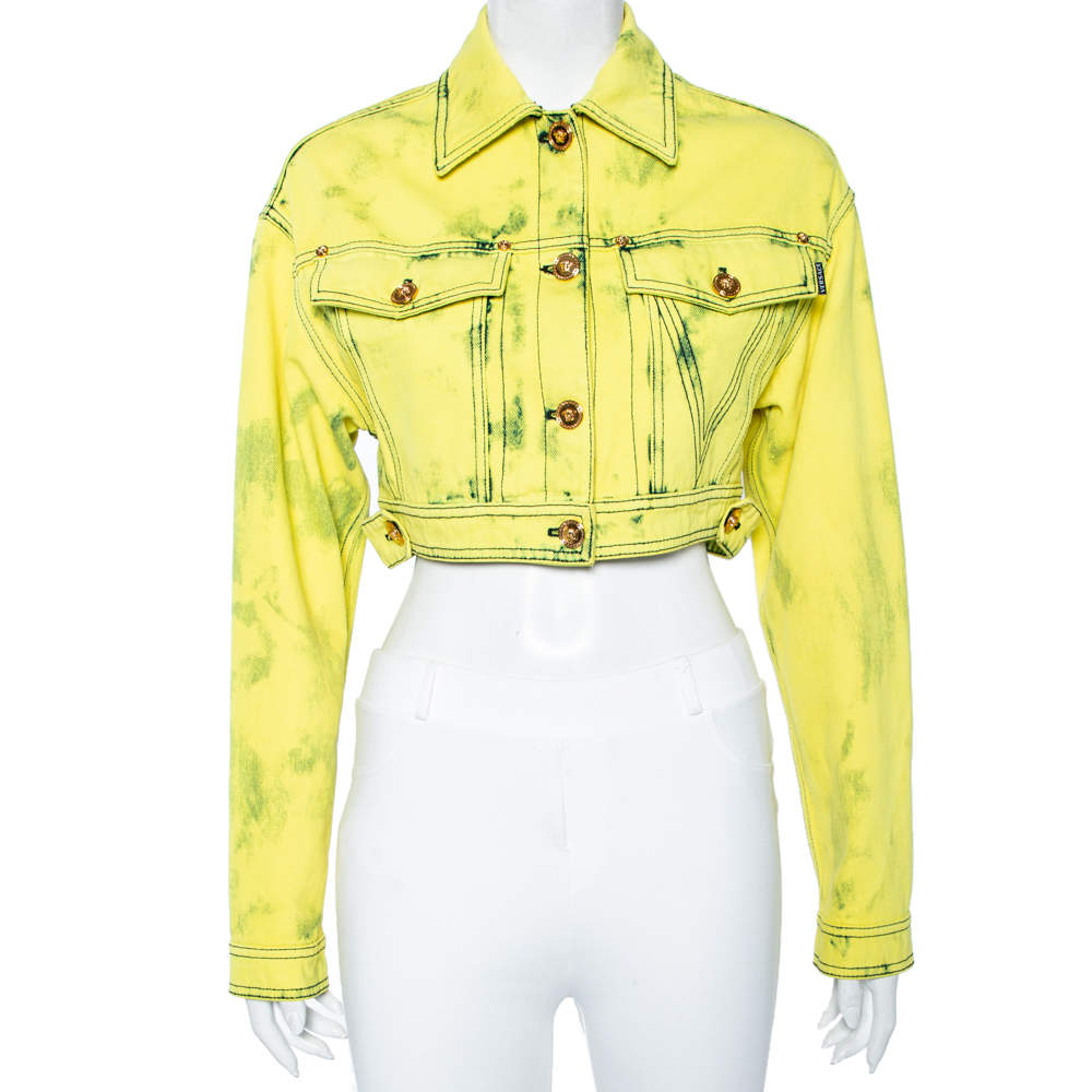 Pre Owned Versace Neon Yellow Denim Cropped Boxy Jacket S