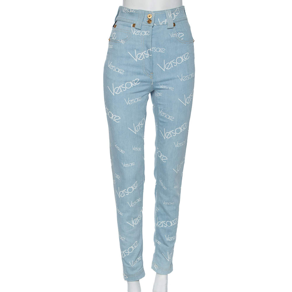 Pre Owned Versace Blue Logo Printed Denim Jeans S