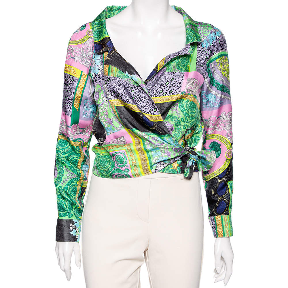 Pre Owned Versace Multicolored Baroque Patchwork Print Silk Cropped Top S