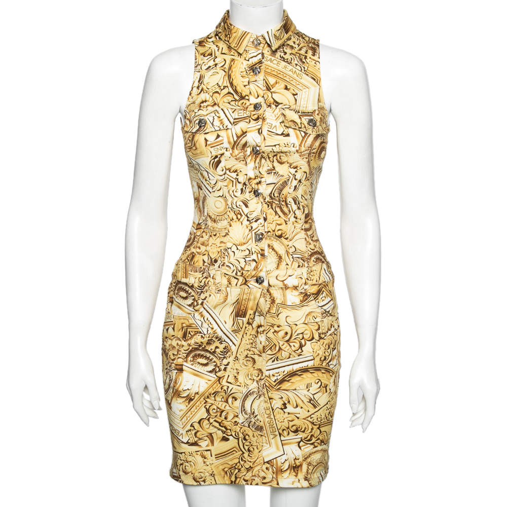 Pre Owned Versace Yellow Printed Cotton Button Front Sleeveless Dress S