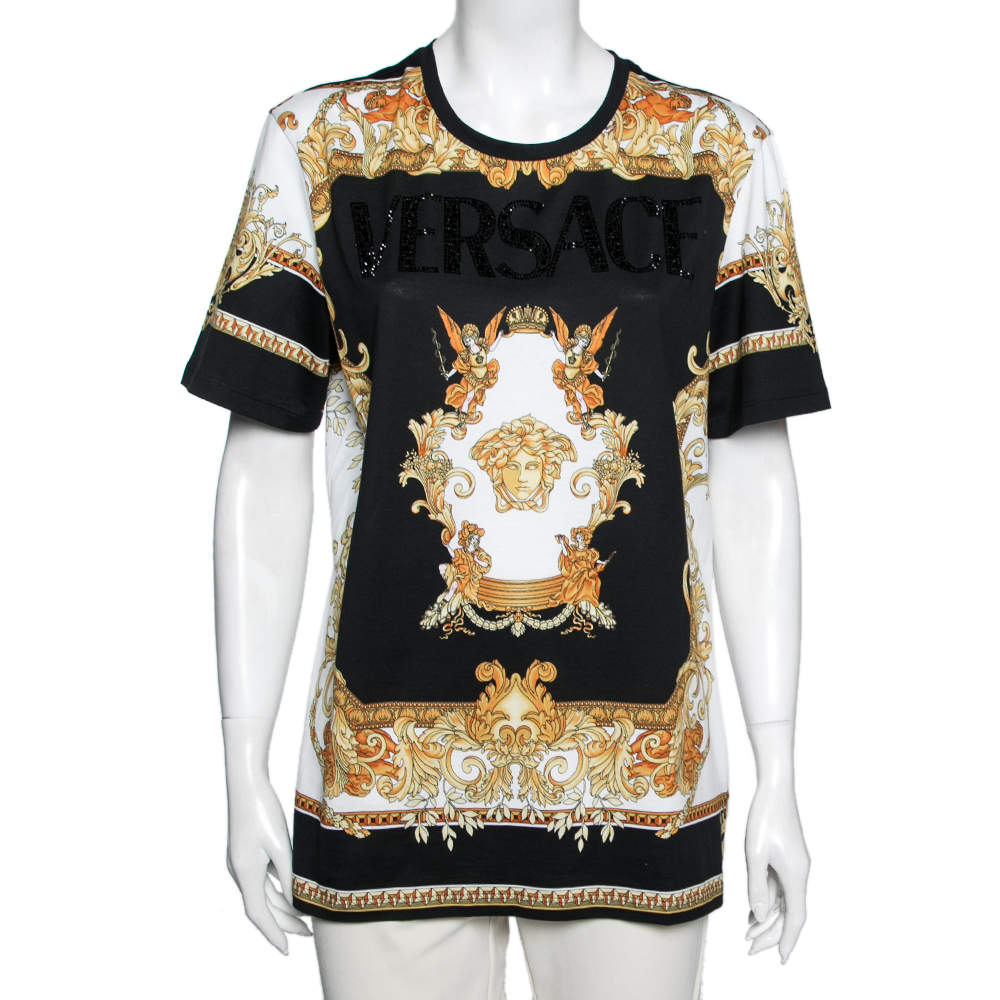 Versace Black & Gold Crystal Logo Medusa Renaissance Printed Cotton Top L