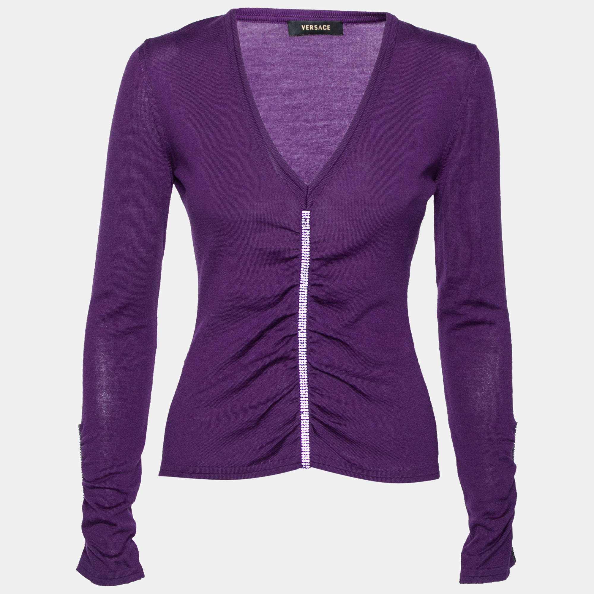 Pre Owned Versace Purple Knit Ruched Crystal Embellished Sweater M