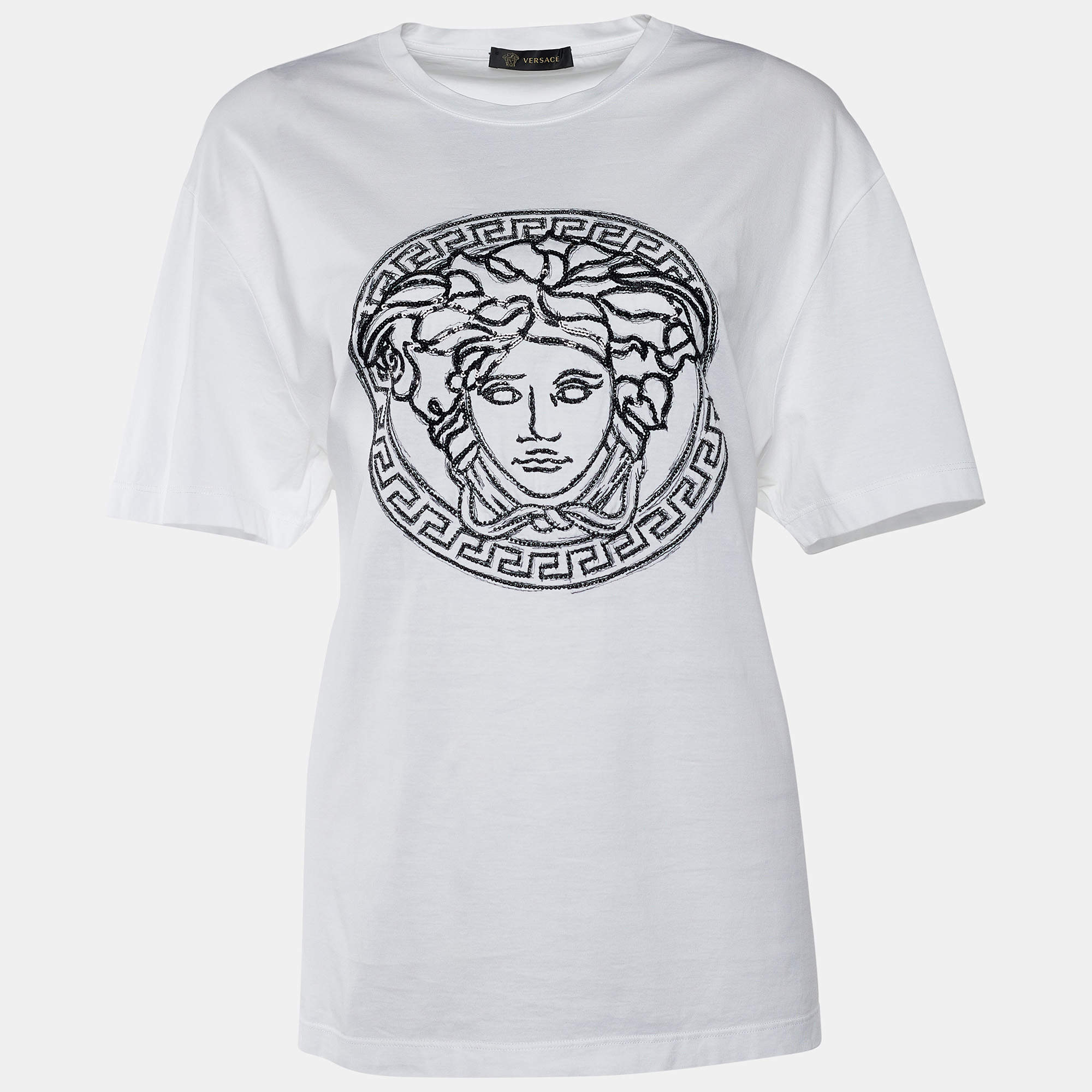 Pre Owned Versace White Jersey Medusa Sequined Round Neck T-Shirt XL