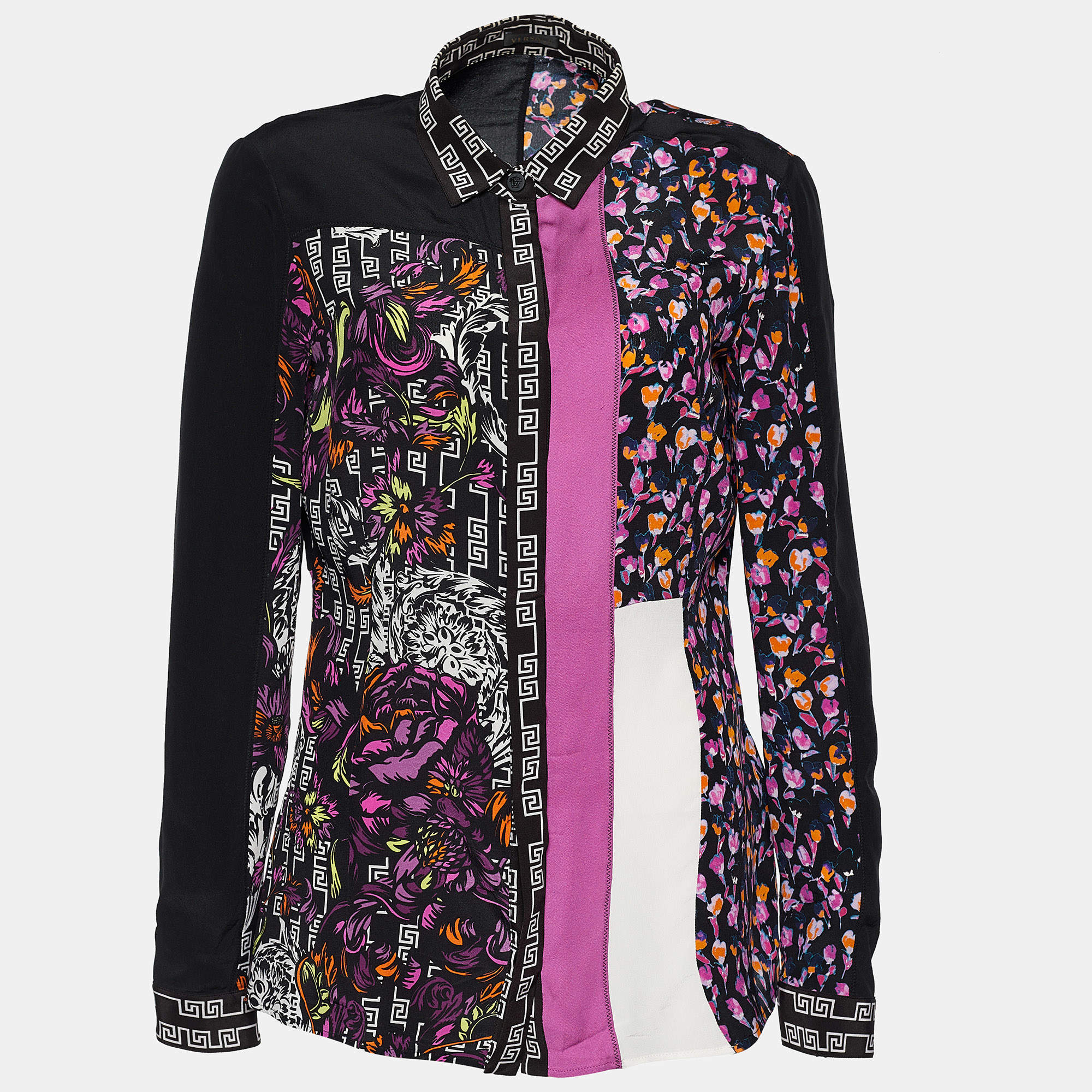 Pre Owned Versace Black & Pink Silk Floral Print Patched Blouse M