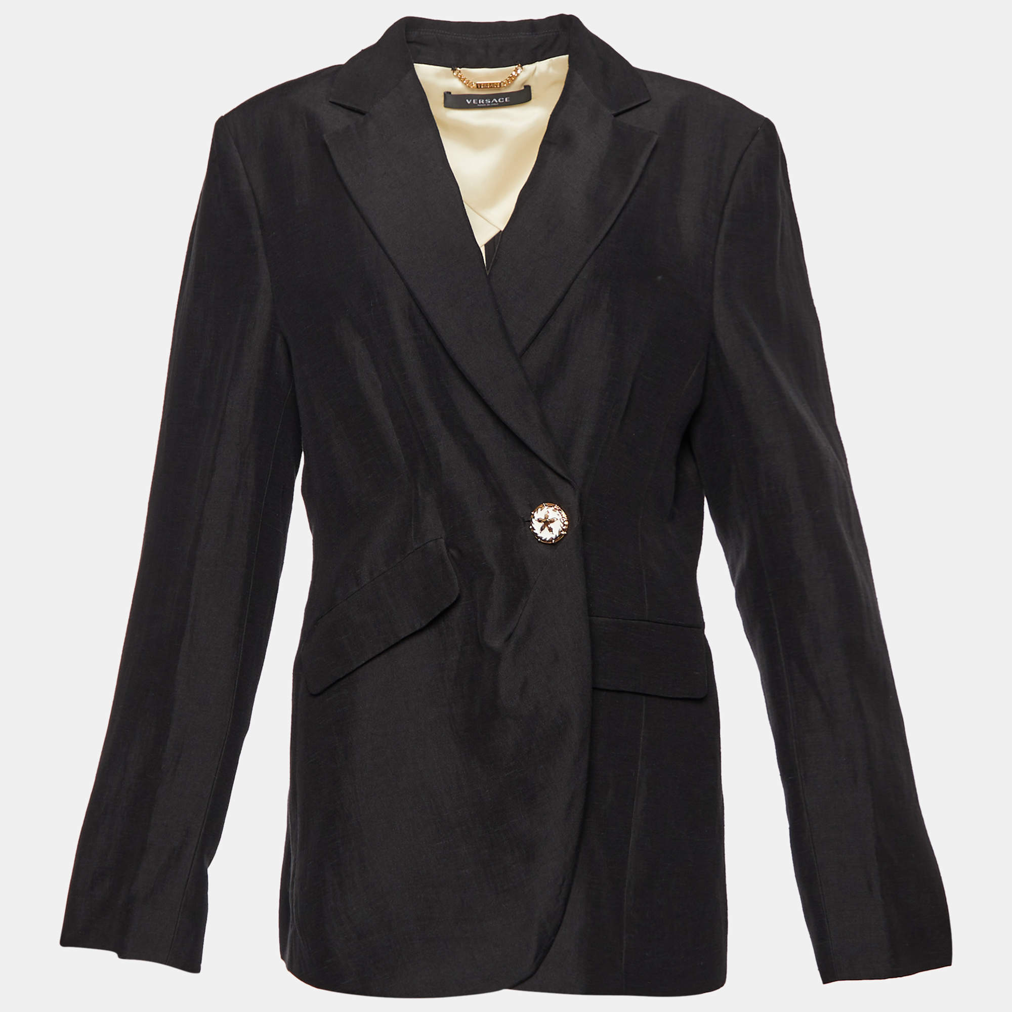 Versace Black Linen Blend Single Buttoned Blazer L