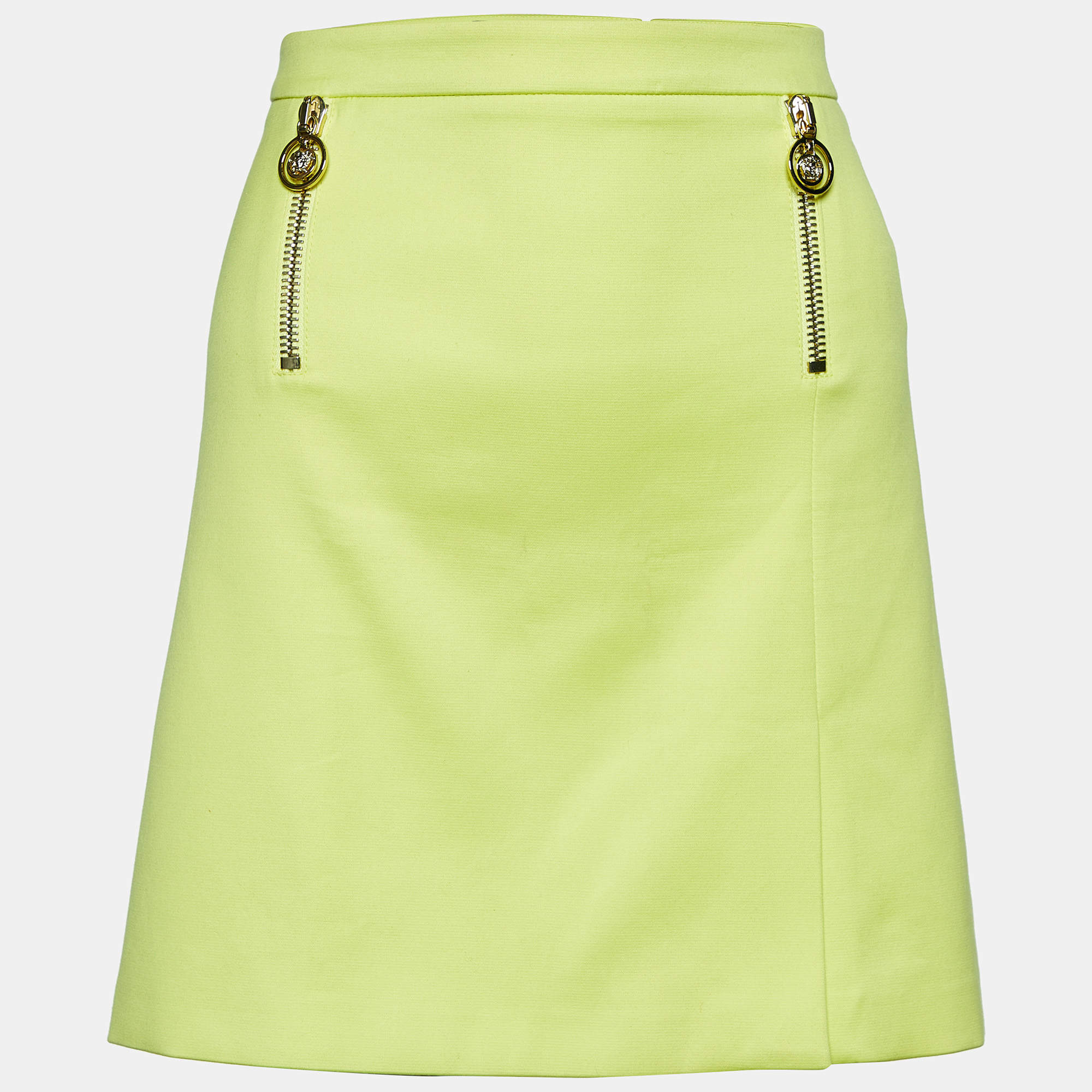 Versace Lime Green Stretch Cotton Zip Detail Mini Skirt S