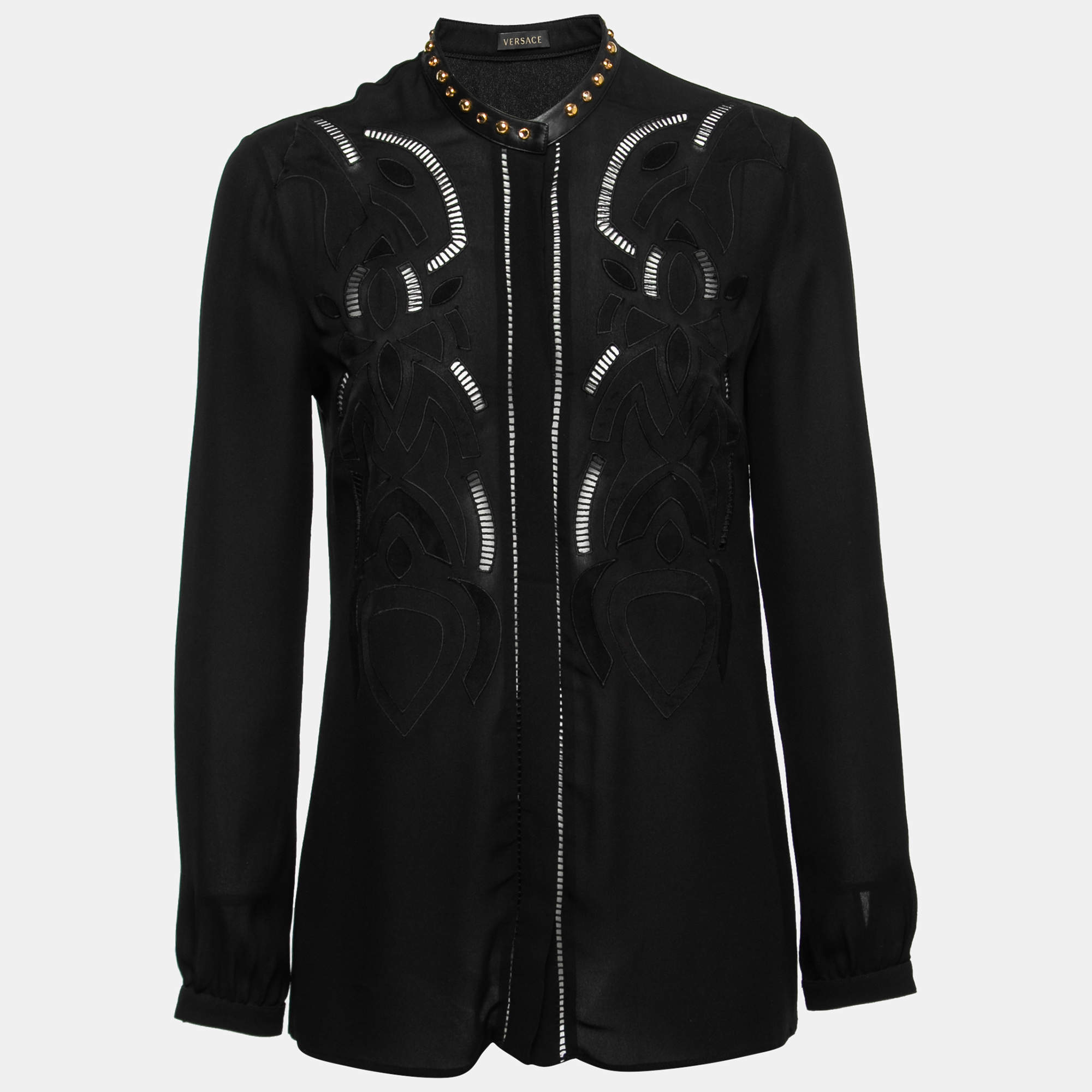 Pre Owned Versace Black Silk Embroidered Stud-Collar Shirt S