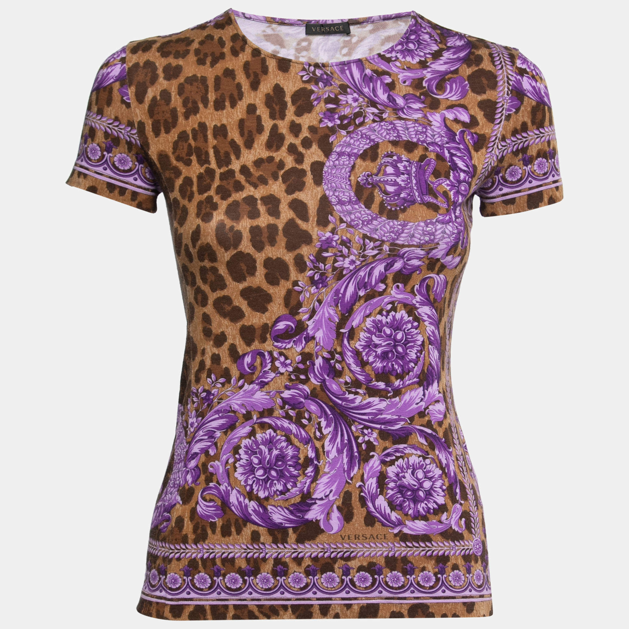 Pre Owned Versace Brown & Purple Animal Print Jersey Round Neck T-Shirt M