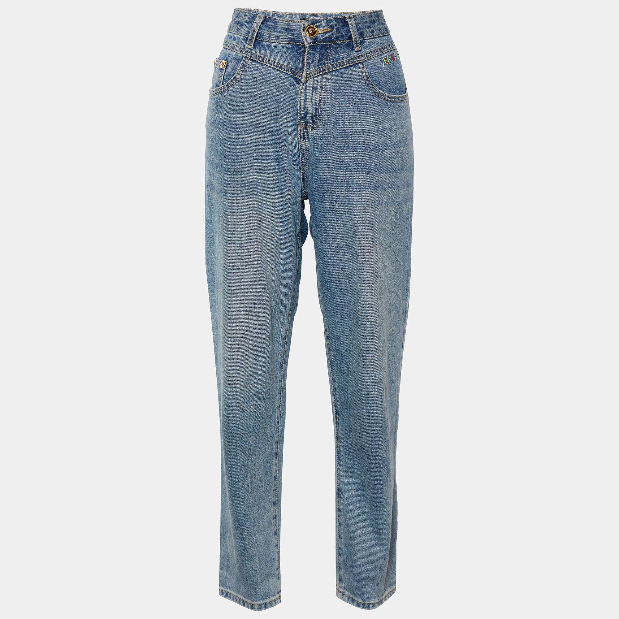 مملوكة مسبقًا Versace Indigo Distressed Denim Straight Fit Jeans M